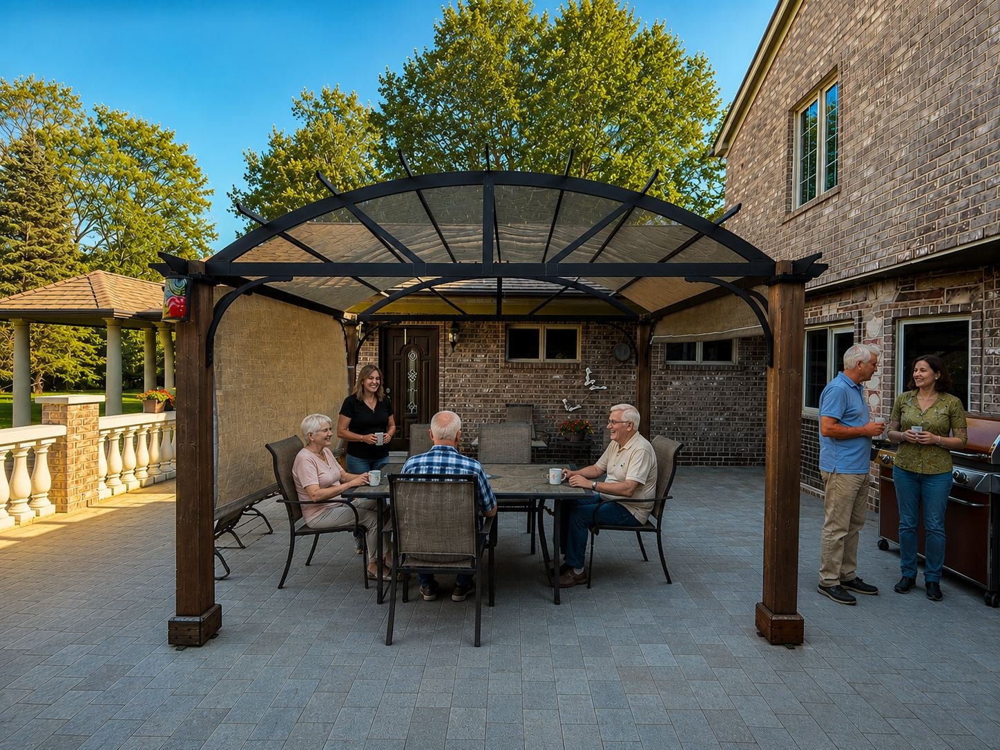 Outdoor pergola with residents and family