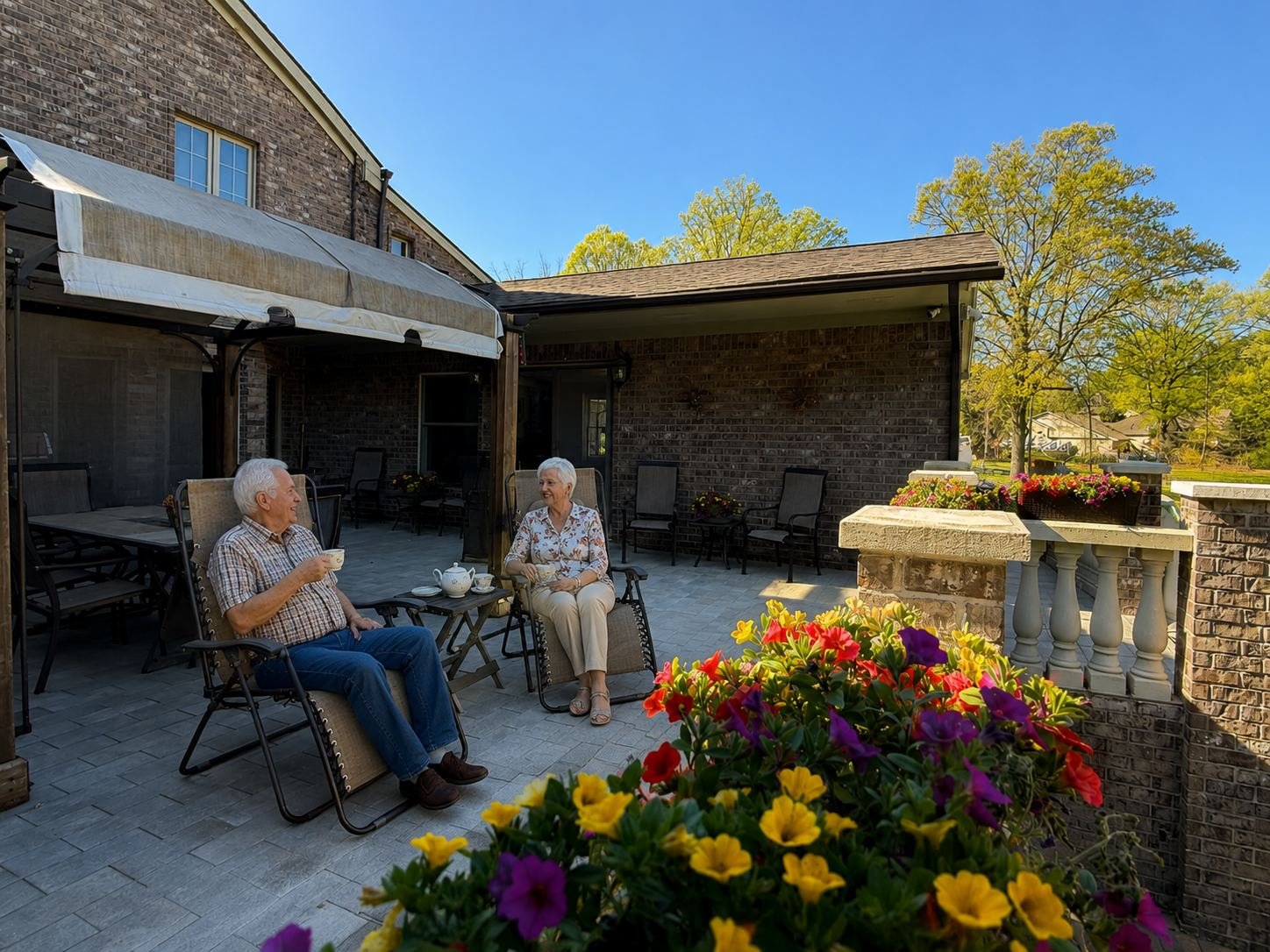 Patio with flowers, two residents relaxing