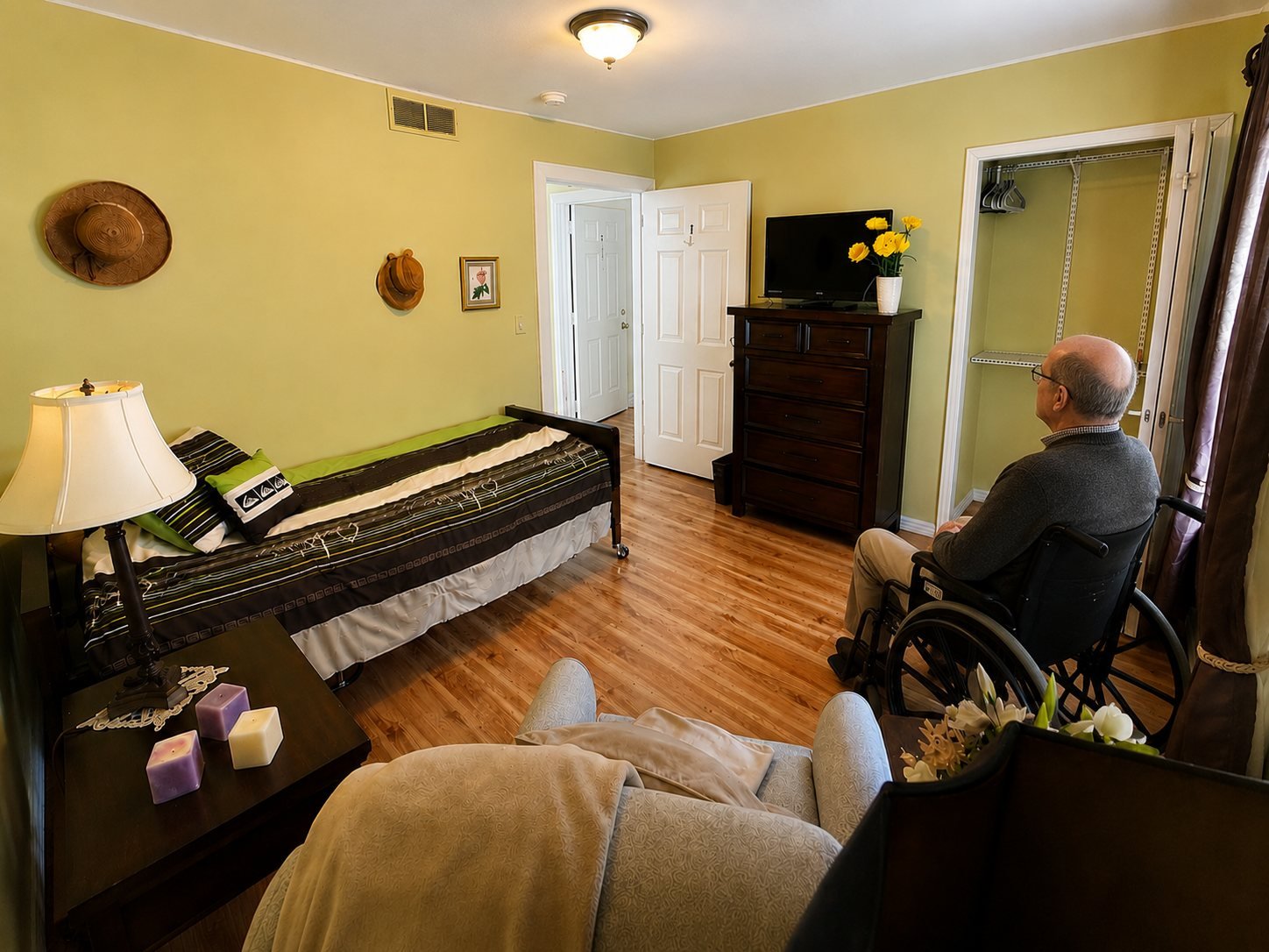 Resident relaxing in a private bedroom